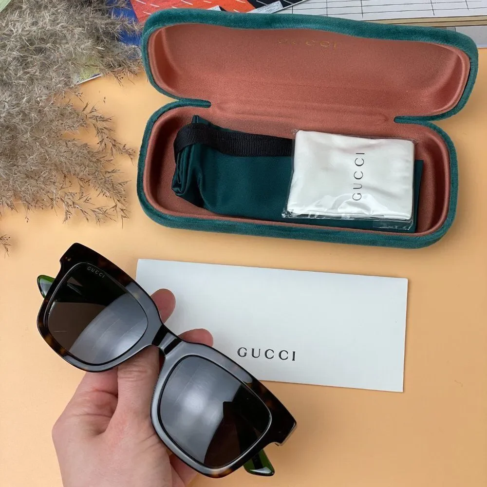 GUCCI GG0001SN 003 Sunglasses Havana Red Green Square Anti-Reflective Unisex